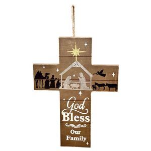 Christmas Nativity Scene Silhouette “God Bless Our Family” Wall Cross